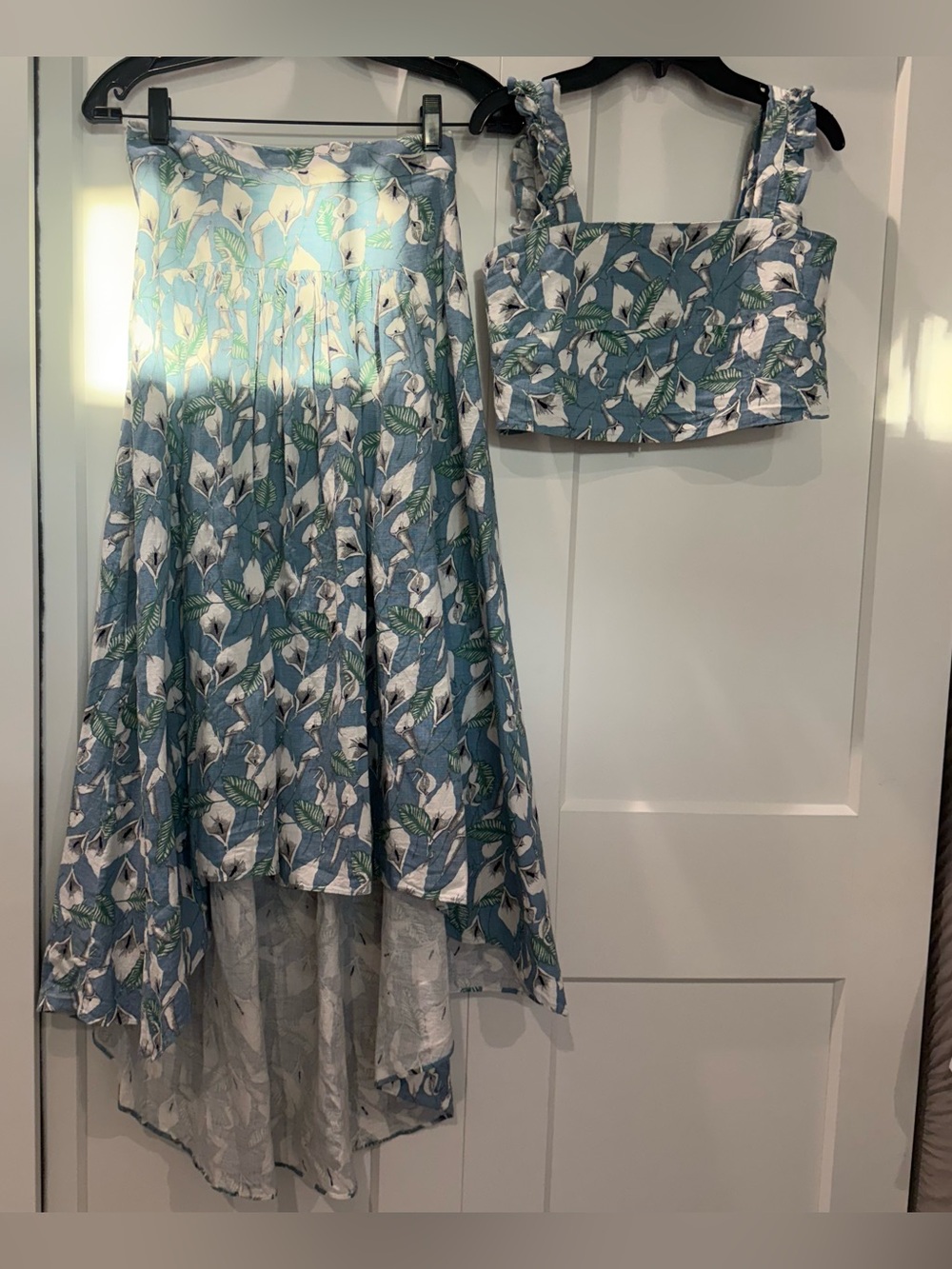 Two-Piece Floral Print Skirt and Crop Top Set in Blue & White